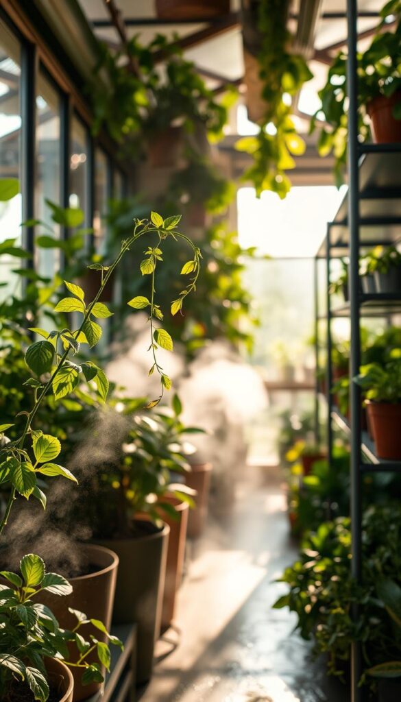 A lush, indoor greenhouse setting with various potted plants thriving in a warm, humid atmosphere. In the foreground, a delicate herb plant with vibrant green leaves gently sways, its tendrils reaching towards the sun streaming through large windows. Mist gently rises, creating a soft, enveloping ambiance. In the middle ground, an array of other thriving houseplants, their leaves glistening with moisture. The background features sleek, modern shelving units holding more potted plants, creating a sense of depth and layered greenery. Warm, diffused lighting bathes the scene, highlighting the plants' textures and the humid, verdant atmosphere. A lush, indoor greenhouse setting with various potted plants thriving in a warm, humid atmosphere. In the foreground, a delicate herb plant with vibrant green leaves gently sways, its tendrils reaching towards the sun streaming through large windows. Mist gently rises, creating a soft, enveloping ambiance. In the middle ground, an array of other thriving houseplants, their leaves glistening with moisture. The background features sleek, modern shelving units holding more potted plants, creating a sense of depth and layered greenery. Warm, diffused lighting bathes the scene, highlighting the plants' textures and the humid, verdant atmosphere.