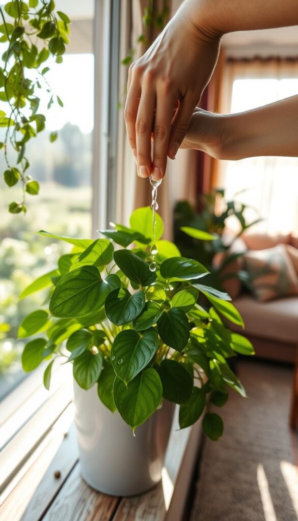 A lush indoor plant oasis bathed in soft, natural lighting. In the foreground, a hand gently waters a thriving, leafy houseplant, droplets glistening on the verdant foliage. The plant is positioned on a weathered wooden window sill, with a panoramic view of a tranquil, sun-dappled garden in the middle ground. In the background, a cozy, inviting room interior with earth-toned furnishings creates a peaceful, nurturing atmosphere. The scene conveys the serene, meditative act of caring for an indoor plant, highlighting the importance of striking the right balance in watering for its optimal health and growth. A lush indoor plant oasis bathed in soft, natural lighting. In the foreground, a hand gently waters a thriving, leafy houseplant, droplets glistening on the verdant foliage. The plant is positioned on a weathered wooden window sill, with a panoramic view of a tranquil, sun-dappled garden in the middle ground. In the background, a cozy, inviting room interior with earth-toned furnishings creates a peaceful, nurturing atmosphere. The scene conveys the serene, meditative act of caring for an indoor plant, highlighting the importance of striking the right balance in watering for its optimal health and growth.