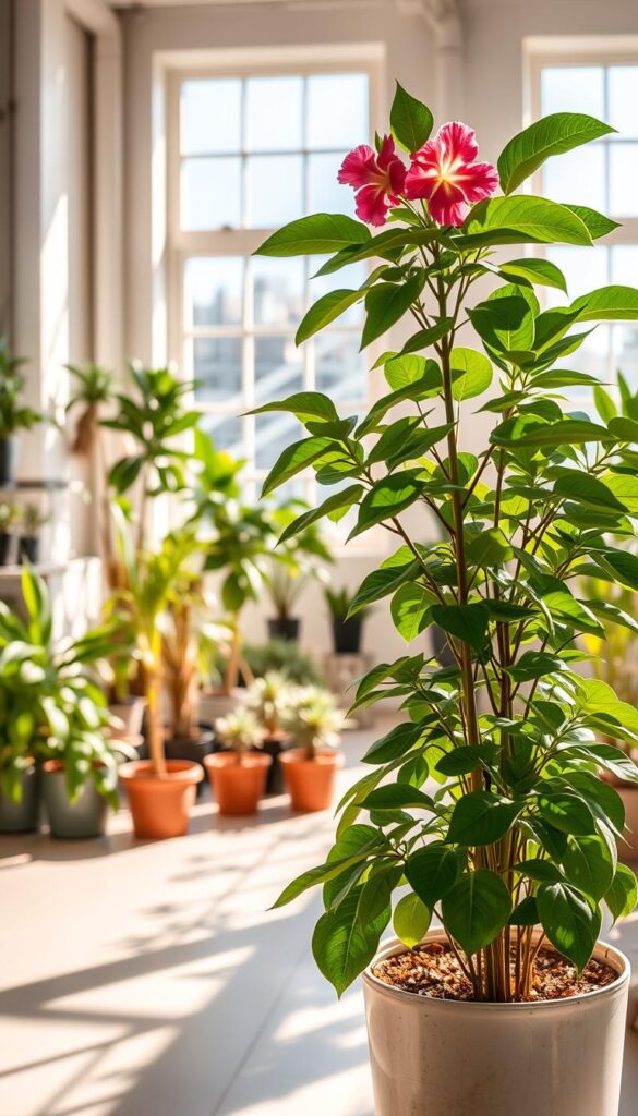 A lush, indoor plant oasis bathed in warm, natural light filtering through large windows. In the foreground, a healthy, thriving potted plant with lush, verdant foliage and vibrant blooms. The middle ground features a variety of potted plants in an orderly, well-curated arrangement, each specimen exhibiting signs of optimal growing conditions - strong stems, glossy leaves, and abundant new growth. The background showcases a minimalist, airy room with clean lines and neutral tones, creating a serene and rejuvenating atmosphere conducive to nurturing plant life. The overall scene conveys a sense of balance, harmony, and the ideal growing environment to discourage pests in indoor plants.