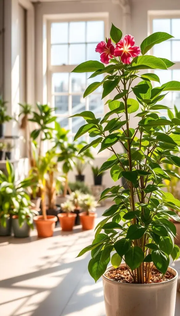 A lush, indoor plant oasis bathed in warm, natural light filtering through large windows. In the foreground, a healthy, thriving potted plant with lush, verdant foliage and vibrant blooms. The middle ground features a variety of potted plants in an orderly, well-curated arrangement, each specimen exhibiting signs of optimal growing conditions - strong stems, glossy leaves, and abundant new growth. The background showcases a minimalist, airy room with clean lines and neutral tones, creating a serene and rejuvenating atmosphere conducive to nurturing plant life. The overall scene conveys a sense of balance, harmony, and the ideal growing environment to discourage pests in indoor plants.