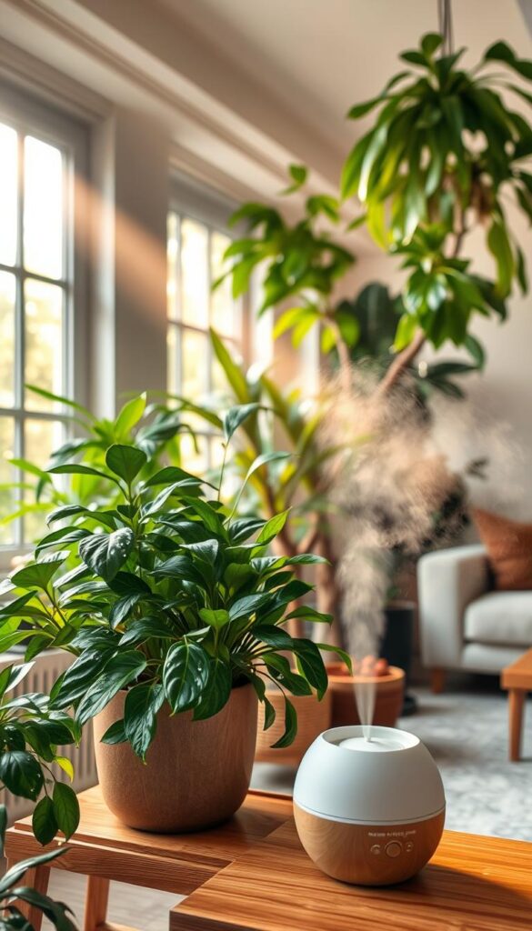 A lush, indoor plant oasis with beams of warm, diffused light filtering through large windows. In the foreground, a variety of thriving houseplants sit on a wooden plant stand, their lush foliage glistening with subtle water droplets. The middle ground features a small, ceramic humidifier quietly misting the air, creating a serene, misty atmosphere. The background showcases a cozy, minimalist living space with a neutral color palette, allowing the plants to take center stage. The overall scene conveys a sense of tranquility and the perfect conditions for nurturing indoor plants during the cooler months.