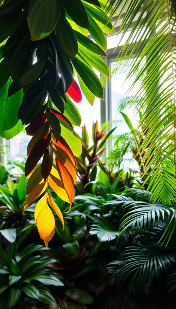 A lush indoor scene featuring a vibrant display of colorful foliage. In the foreground, a cluster of tropical leaves in shades of emerald, burgundy, and gold cascade elegantly, illuminated by soft, diffused light filtering through a large window. The middle ground showcases a variety of leafy houseplants, their variegated patterns and striking hues creating a visually captivating arrangement. In the background, the scene is framed by verdant, wispy fronds that sway gently, adding depth and a sense of tranquility to the composition. The overall mood is one of natural beauty and harmony, inviting the viewer to appreciate the alluring aesthetic of these resilient, low-maintenance plants.