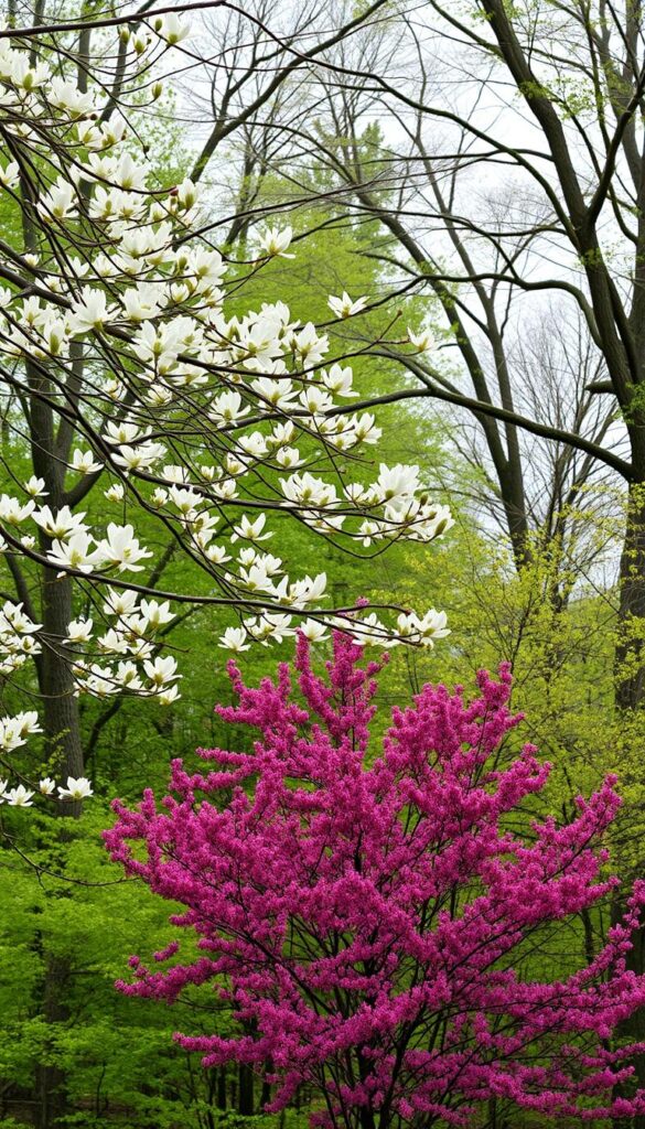 A lush, inviting forest of early spring-blooming native trees, illuminated by soft, diffused natural lighting. In the foreground, delicate white flowers adorn the branches of a graceful dogwood tree, its petals gently swaying in a light breeze. The middle ground features a cluster of vibrant redbuds, their fuchsia blooms standing out against the verdant foliage. In the background, a mix of mature oaks and maples create a serene, layered canopy, hinting at the promise of warmer days to come. The overall scene conveys a sense of tranquility and the rejuvenating spirit of the season, perfectly capturing the essence of early spring's natural beauty.