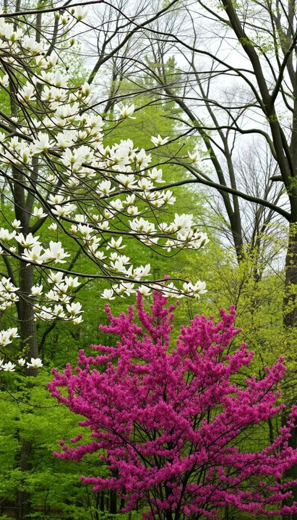 A lush, inviting forest of early spring-blooming native trees, illuminated by soft, diffused natural lighting. In the foreground, delicate white flowers adorn the branches of a graceful dogwood tree, its petals gently swaying in a light breeze. The middle ground features a cluster of vibrant redbuds, their fuchsia blooms standing out against the verdant foliage. In the background, a mix of mature oaks and maples create a serene, layered canopy, hinting at the promise of warmer days to come. The overall scene conveys a sense of tranquility and the rejuvenating spirit of the season, perfectly capturing the essence of early spring's natural beauty. A lush, inviting forest of early spring-blooming native trees, illuminated by soft, diffused natural lighting. In the foreground, delicate white flowers adorn the branches of a graceful dogwood tree, its petals gently swaying in a light breeze. The middle ground features a cluster of vibrant redbuds, their fuchsia blooms standing out against the verdant foliage. In the background, a mix of mature oaks and maples create a serene, layered canopy, hinting at the promise of warmer days to come. The overall scene conveys a sense of tranquility and the rejuvenating spirit of the season, perfectly capturing the essence of early spring's natural beauty.