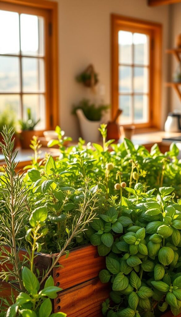 A lush kitchen herb garden against a warm, sunlit backdrop. In the foreground, various seasonal herbs - rosemary, thyme, oregano, and basil - arranged with care, their vibrant leaves glistening with morning dew. In the middle ground, a rustic wooden planter box overflows with an abundance of fragrant greens, hinting at the gardener's nurturing touch. The background features a cozy, country-style kitchen, its windows framing a scenic view of a rolling hillside landscape bathed in the soft, golden glow of the afternoon sun. The overall scene evokes a sense of tranquility and the natural rhythms of the seasons, inviting the viewer to step into this harmonious world of seasonal herb care. A lush kitchen herb garden against a warm, sunlit backdrop. In the foreground, various seasonal herbs - rosemary, thyme, oregano, and basil - arranged with care, their vibrant leaves glistening with morning dew. In the middle ground, a rustic wooden planter box overflows with an abundance of fragrant greens, hinting at the gardener's nurturing touch. The background features a cozy, country-style kitchen, its windows framing a scenic view of a rolling hillside landscape bathed in the soft, golden glow of the afternoon sun. The overall scene evokes a sense of tranquility and the natural rhythms of the seasons, inviting the viewer to step into this harmonious world of seasonal herb care.