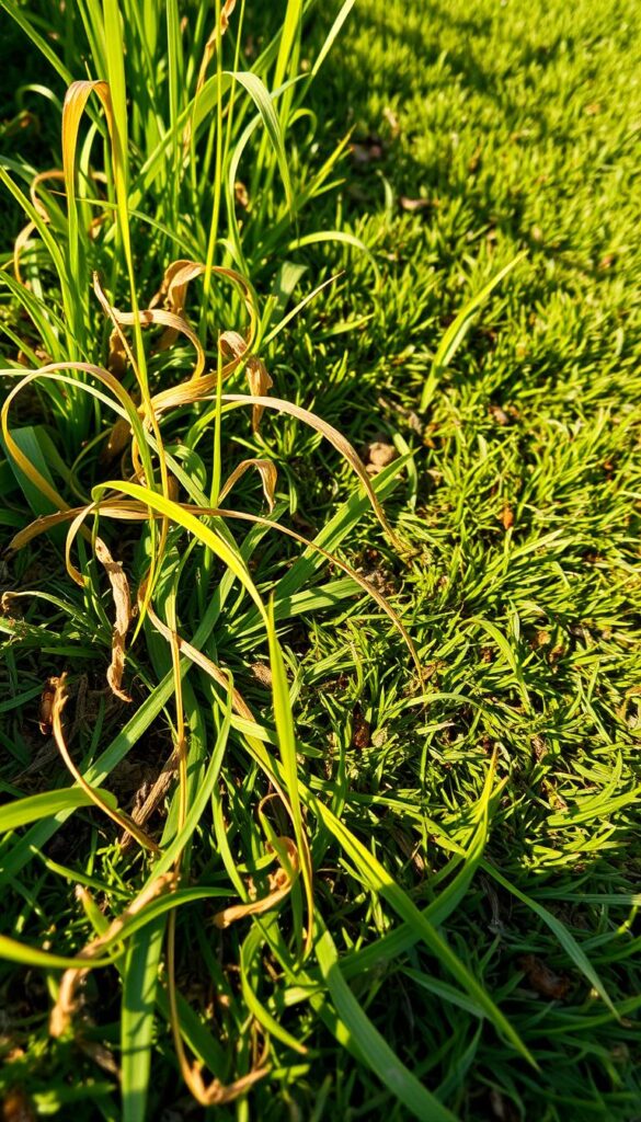 A lush lawn dotted with vibrant weeds, their tendrils intertwined, casting intricate shadows on the thatch-covered ground. Pests scurry amid the tangle, their movements disrupting the delicate balance. The scene is bathed in warm, diffused light, captured through a wide-angle lens that emphasizes the depth and texture of the lawn's imperfections. This image conveys the importance of addressing common lawn problems, such as weeds, pests, and thatch, to maintain a healthy and thriving outdoor space.