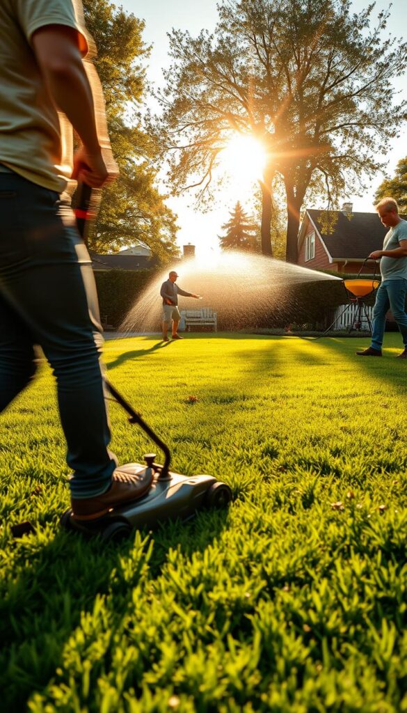 A lush lawn under a warm, golden afternoon sun. In the foreground, a person meticulously mowing the grass, their movement captured in a dynamic blur. In the middle ground, another person carefully watering the lawn with a hose, creating a soothing spray. In the background, a person applying fertilizer with a handheld spreader, nourishing the soil. The scene conveys the essential trio of lawn care - mowing, watering, and feeding - performed with diligence and care, creating a verdant, healthy landscape. Shoot with a wide-angle lens to capture the full scope of the activities, using a shallow depth of field to focus attention on the central figures and their tasks. A lush lawn under a warm, golden afternoon sun. In the foreground, a person meticulously mowing the grass, their movement captured in a dynamic blur. In the middle ground, another person carefully watering the lawn with a hose, creating a soothing spray. In the background, a person applying fertilizer with a handheld spreader, nourishing the soil. The scene conveys the essential trio of lawn care - mowing, watering, and feeding - performed with diligence and care, creating a verdant, healthy landscape. Shoot with a wide-angle lens to capture the full scope of the activities, using a shallow depth of field to focus attention on the central figures and their tasks.