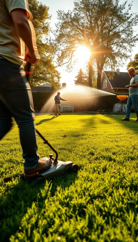 A lush lawn under a warm, golden afternoon sun. In the foreground, a person meticulously mowing the grass, their movement captured in a dynamic blur. In the middle ground, another person carefully watering the lawn with a hose, creating a soothing spray. In the background, a person applying fertilizer with a handheld spreader, nourishing the soil. The scene conveys the essential trio of lawn care - mowing, watering, and feeding - performed with diligence and care, creating a verdant, healthy landscape. Shoot with a wide-angle lens to capture the full scope of the activities, using a shallow depth of field to focus attention on the central figures and their tasks.