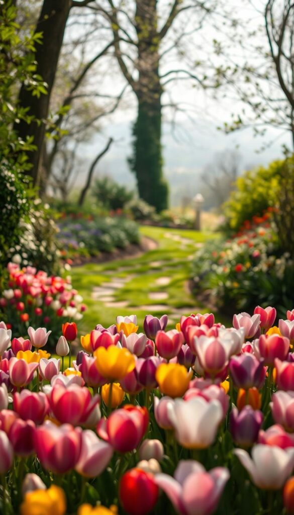 A lush, layered garden scene capturing the essence of depth. In the foreground, an array of vibrant spring bulbs in varying heights and hues bloom against a soft, diffused natural light. The middle ground features a winding path leading the eye deeper into the scene, flanked by verdant foliage and the delicate silhouettes of blooming trees. In the background, a hazy horizon suggests the continuation of this verdant oasis, inviting the viewer to explore further. The overall composition conveys a sense of harmony and depth, highlighting the effortless layering of plants for a visually captivating display.