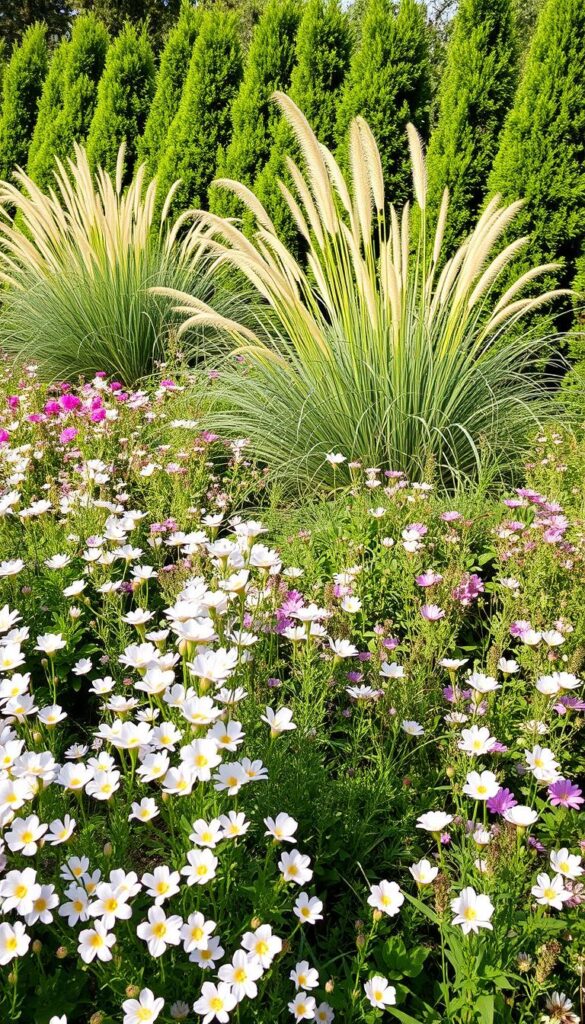 A lush, low-maintenance garden bed filled with an array of blooming perennials and ornamental grasses. The foreground showcases a tapestry of soft pastel-colored flowers, their delicate petals swaying gently in the warm summer breeze. The middle ground features clusters of tall, wispy ornamental grasses in shades of green and gold, providing a natural, flowing texture. In the background, a line of evergreen shrubs and small trees create a verdant, low-maintenance backdrop, casting gentle shadows across the scene. The overall lighting is soft and diffused, creating a serene, inviting atmosphere perfect for a summer garden oasis.