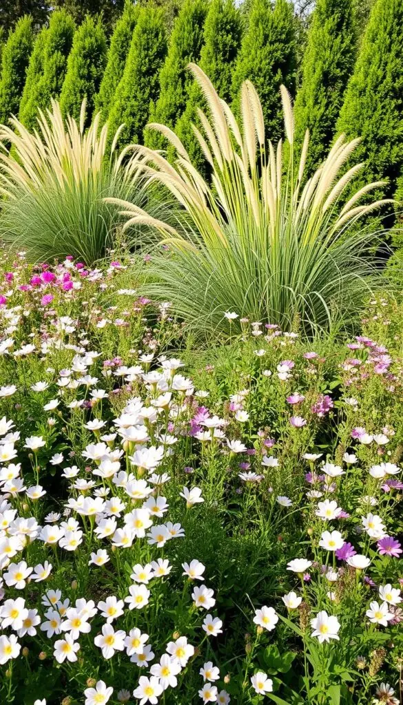 A lush, low-maintenance garden bed filled with an array of blooming perennials and ornamental grasses. The foreground showcases a tapestry of soft pastel-colored flowers, their delicate petals swaying gently in the warm summer breeze. The middle ground features clusters of tall, wispy ornamental grasses in shades of green and gold, providing a natural, flowing texture. In the background, a line of evergreen shrubs and small trees create a verdant, low-maintenance backdrop, casting gentle shadows across the scene. The overall lighting is soft and diffused, creating a serene, inviting atmosphere perfect for a summer garden oasis.