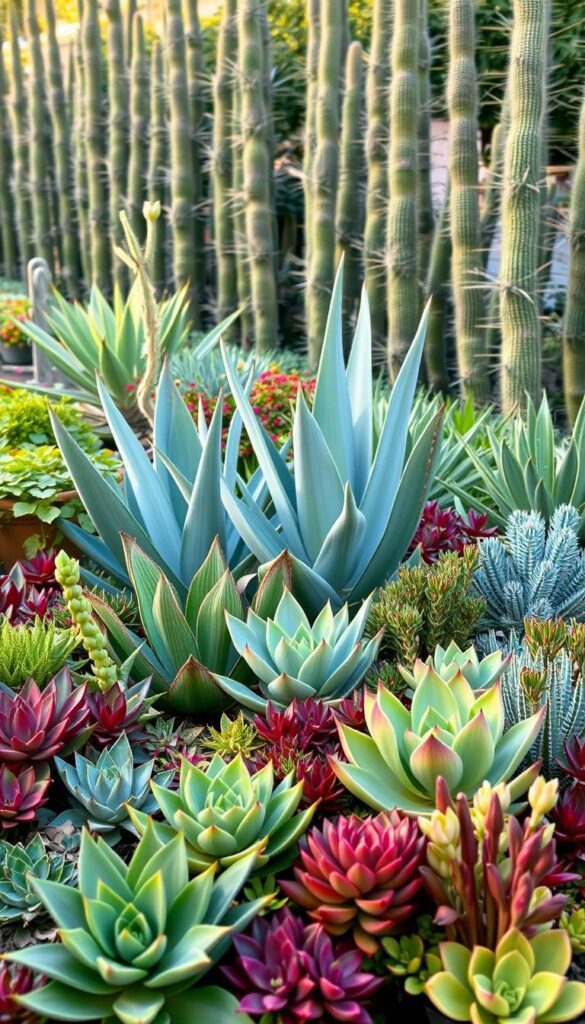 A lush, low-maintenance garden filled with vibrant succulents, hardy cacti, and resilient foliage plants. The foreground features a mix of jade plants, aloe vera, and echeveria in various shades of green, purple, and red, arranged in a natural, asymmetric composition. The middle ground showcases a towering agave plant with its distinctive sword-like leaves, complemented by a cluster of trailing sedum. In the background, a row of tall, slender yucca plants sway gently in the warm, diffused lighting, creating a serene, desert-inspired atmosphere. The overall scene conveys a sense of low-effort, high-impact landscaping that thrives with minimal attention. A lush, low-maintenance garden filled with vibrant succulents, hardy cacti, and resilient foliage plants. The foreground features a mix of jade plants, aloe vera, and echeveria in various shades of green, purple, and red, arranged in a natural, asymmetric composition. The middle ground showcases a towering agave plant with its distinctive sword-like leaves, complemented by a cluster of trailing sedum. In the background, a row of tall, slender yucca plants sway gently in the warm, diffused lighting, creating a serene, desert-inspired atmosphere. The overall scene conveys a sense of low-effort, high-impact landscaping that thrives with minimal attention.