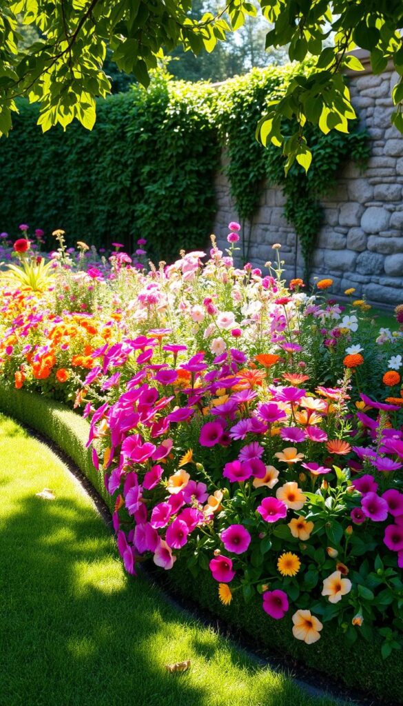 A lush, manicured garden border with vibrant, overflowing blooms in the foreground. The flowers spill over a neatly trimmed, uniform edge that divides the garden bed from a well-tended lawn. Dappled sunlight filters through the foliage, casting a warm, golden glow over the scene. In the middle ground, a variety of flowering plants in complementary colors and textures create a stunning visual tapestry. The background features a picturesque stone wall or fence, partially obscured by the verdant, thriving plants. The overall impression is one of meticulous care, harmony, and the perfect balance of form and function in a beautifully designed outdoor space. A lush, manicured garden border with vibrant, overflowing blooms in the foreground. The flowers spill over a neatly trimmed, uniform edge that divides the garden bed from a well-tended lawn. Dappled sunlight filters through the foliage, casting a warm, golden glow over the scene. In the middle ground, a variety of flowering plants in complementary colors and textures create a stunning visual tapestry. The background features a picturesque stone wall or fence, partially obscured by the verdant, thriving plants. The overall impression is one of meticulous care, harmony, and the perfect balance of form and function in a beautifully designed outdoor space.