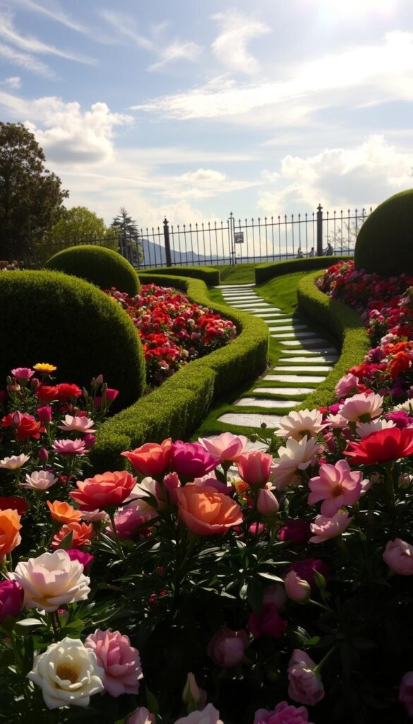 A lush, meticulously maintained flower bed in full bloom, bathed in soft, warm sunlight filtering through wispy clouds. The foreground showcases a vibrant tapestry of colorful petals - roses, lilies, and peonies in a harmonious arrangement. The middle ground features neatly trimmed hedges and a winding stone path leading the eye deeper into the scene. In the background, a well-manicured lawn frames the flower bed, with a picturesque fence or trellis providing a subtle sense of enclosure. The overall composition conveys a peaceful, serene atmosphere, inviting the viewer to linger and appreciate the beauty of this carefully curated oasis.