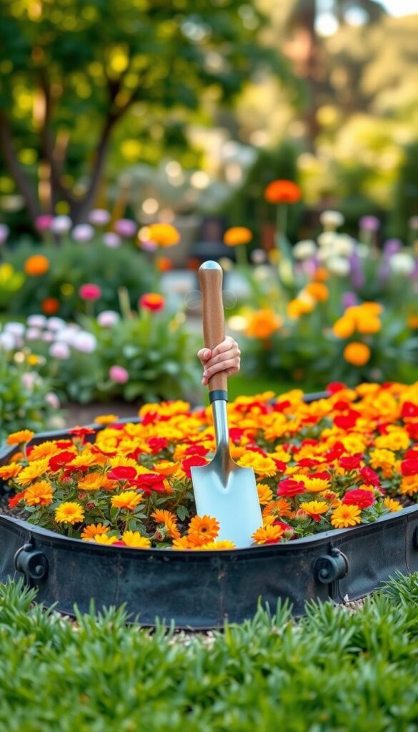 A lush, meticulously manicured flower bed in the foreground, with a step-by-step guide on edging showcased in a clean, crisp composition. The bed is filled with vibrant blooms in warm hues, framed by a neatly trimmed, curved edge made of sturdy, dark-colored material. In the middle ground, a gardener's hands demonstrate the process, guiding a sharp spade to carve a clean, precise edge. The background is a serene, softly blurred garden scene, with natural light filtering through the foliage, creating a calming, inviting atmosphere. A lush, meticulously manicured flower bed in the foreground, with a step-by-step guide on edging showcased in a clean, crisp composition. The bed is filled with vibrant blooms in warm hues, framed by a neatly trimmed, curved edge made of sturdy, dark-colored material. In the middle ground, a gardener's hands demonstrate the process, guiding a sharp spade to carve a clean, precise edge. The background is a serene, softly blurred garden scene, with natural light filtering through the foliage, creating a calming, inviting atmosphere.