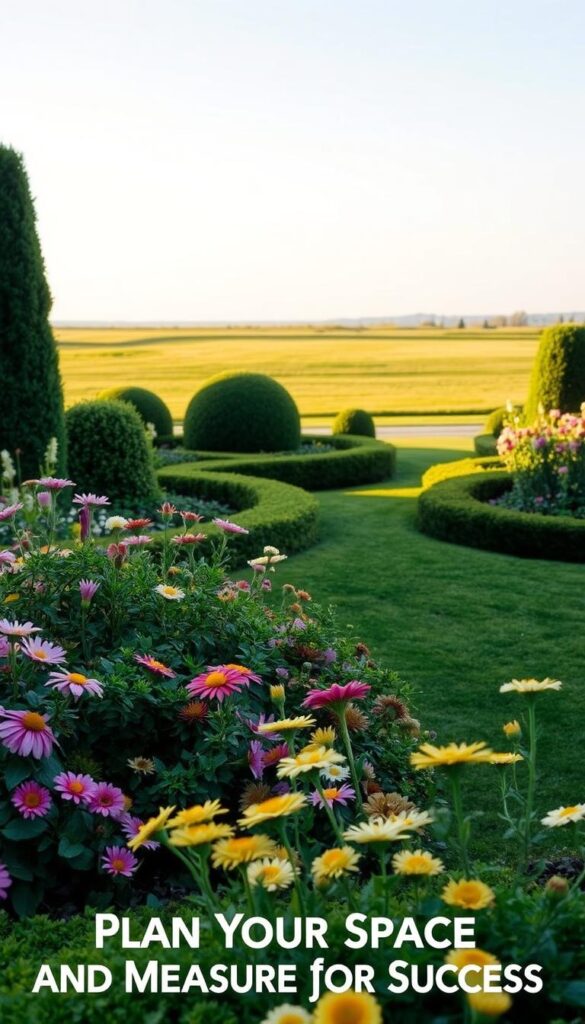 A lush, meticulously planned garden bed, its contours and textures inviting exploration. In the foreground, a variety of flowers bloom in a harmonious palette, their petals catching the warm, golden light. The middle ground features sculpted hedges and shrubs, creating a sense of depth and structure. In the background, a neatly manicured lawn frames the scene, leading the eye towards a distant horizon. The overall composition conveys a sense of tranquility and intentional design, perfectly suited to illustrate the "Plan Your Space and Measure for Success" section of the article.