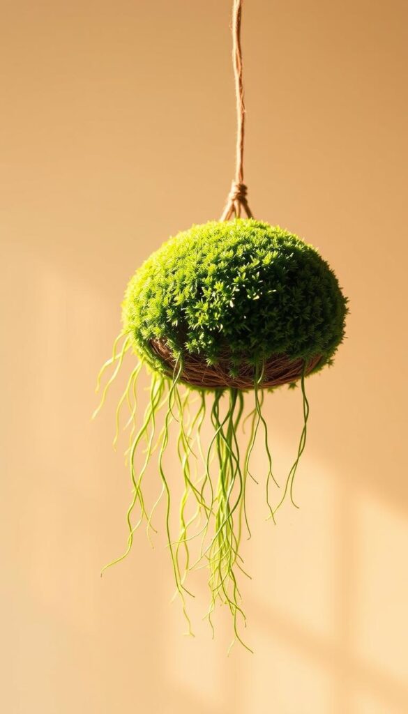 A lush, miniature moss kokedama suspended in mid-air, its verdant tendrils cascading gracefully against a soft, diffused background. The scene is bathed in warm, natural lighting, creating a serene and calming atmosphere. The kokedama, a traditional Japanese horticultural art form, is meticulously crafted, its moss-covered surface glistening with delicate droplets. The overall composition evokes a sense of tranquility and connection to the natural world, perfect for a serene and contemplative indoor garden display. A lush, miniature moss kokedama suspended in mid-air, its verdant tendrils cascading gracefully against a soft, diffused background. The scene is bathed in warm, natural lighting, creating a serene and calming atmosphere. The kokedama, a traditional Japanese horticultural art form, is meticulously crafted, its moss-covered surface glistening with delicate droplets. The overall composition evokes a sense of tranquility and connection to the natural world, perfect for a serene and contemplative indoor garden display.