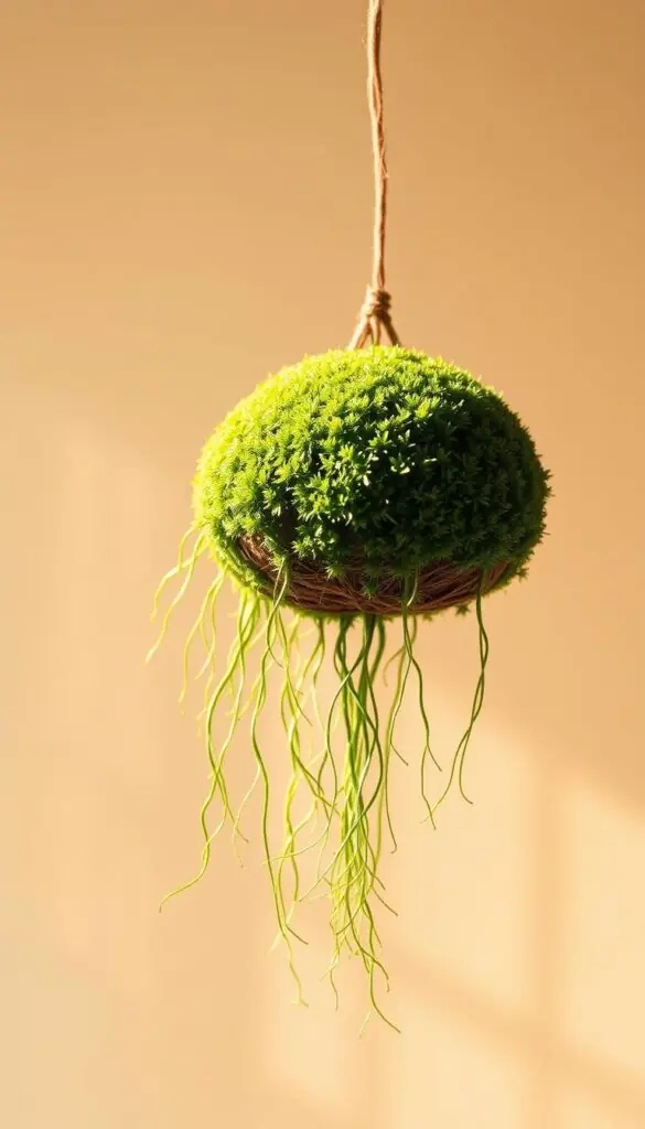 A lush, miniature moss kokedama suspended in mid-air, its verdant tendrils cascading gracefully against a soft, diffused background. The scene is bathed in warm, natural lighting, creating a serene and calming atmosphere. The kokedama, a traditional Japanese horticultural art form, is meticulously crafted, its moss-covered surface glistening with delicate droplets. The overall composition evokes a sense of tranquility and connection to the natural world, perfect for a serene and contemplative indoor garden display. A lush, miniature moss kokedama suspended in mid-air, its verdant tendrils cascading gracefully against a soft, diffused background. The scene is bathed in warm, natural lighting, creating a serene and calming atmosphere. The kokedama, a traditional Japanese horticultural art form, is meticulously crafted, its moss-covered surface glistening with delicate droplets. The overall composition evokes a sense of tranquility and connection to the natural world, perfect for a serene and contemplative indoor garden display.
