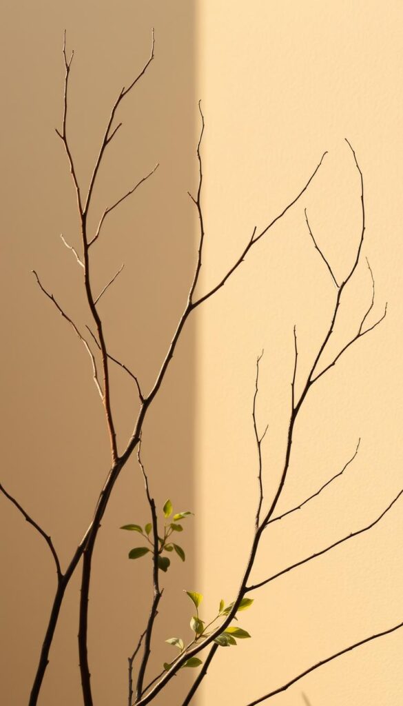 A lush, minimalist scene of elegant bare branches reaching skyward, softly illuminated by warm, diffused natural light. The branches are positioned in the foreground, their sinuous forms casting long shadows across a subtly textured backdrop. The middle ground features a few leafy foliage elements, hinting at the promise of spring. The overall composition is balanced, with a sense of tranquility and quiet contemplation. The image conveys a serene, refined aesthetic suitable for showcasing nature's inherent artistry in floral arrangements and seasonal decor. A lush, minimalist scene of elegant bare branches reaching skyward, softly illuminated by warm, diffused natural light. The branches are positioned in the foreground, their sinuous forms casting long shadows across a subtly textured backdrop. The middle ground features a few leafy foliage elements, hinting at the promise of spring. The overall composition is balanced, with a sense of tranquility and quiet contemplation. The image conveys a serene, refined aesthetic suitable for showcasing nature's inherent artistry in floral arrangements and seasonal decor.