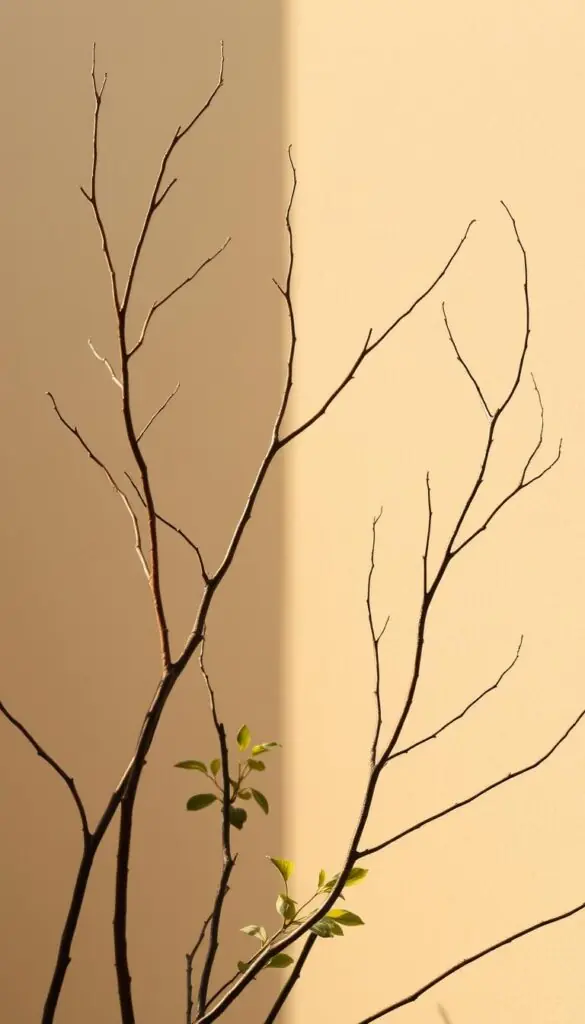 A lush, minimalist scene of elegant bare branches reaching skyward, softly illuminated by warm, diffused natural light. The branches are positioned in the foreground, their sinuous forms casting long shadows across a subtly textured backdrop. The middle ground features a few leafy foliage elements, hinting at the promise of spring. The overall composition is balanced, with a sense of tranquility and quiet contemplation. The image conveys a serene, refined aesthetic suitable for showcasing nature's inherent artistry in floral arrangements and seasonal decor. A lush, minimalist scene of elegant bare branches reaching skyward, softly illuminated by warm, diffused natural light. The branches are positioned in the foreground, their sinuous forms casting long shadows across a subtly textured backdrop. The middle ground features a few leafy foliage elements, hinting at the promise of spring. The overall composition is balanced, with a sense of tranquility and quiet contemplation. The image conveys a serene, refined aesthetic suitable for showcasing nature's inherent artistry in floral arrangements and seasonal decor.
