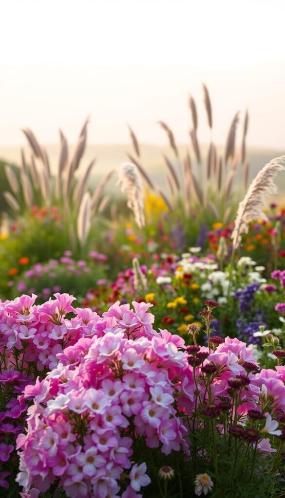 A lush, naturalistic flower garden with drifts of vibrant blooms against a soft, atmospheric backdrop. In the foreground, a cascade of billowing perennials in shades of pink, purple, and white sway gently in a light breeze. The middle ground features clusters of colorful annuals interspersed with tall, elegant ornamental grasses, creating a harmonious tapestry of textures and hues. In the distant background, a blurred, dreamy landscape with rolling hills and a hazy sky, bathed in warm, golden light. The overall composition evokes a sense of tranquility and effortless beauty, inviting the viewer to imagine strolling through this enchanting garden oasis. A lush, naturalistic flower garden with drifts of vibrant blooms against a soft, atmospheric backdrop. In the foreground, a cascade of billowing perennials in shades of pink, purple, and white sway gently in a light breeze. The middle ground features clusters of colorful annuals interspersed with tall, elegant ornamental grasses, creating a harmonious tapestry of textures and hues. In the distant background, a blurred, dreamy landscape with rolling hills and a hazy sky, bathed in warm, golden light. The overall composition evokes a sense of tranquility and effortless beauty, inviting the viewer to imagine strolling through this enchanting garden oasis.