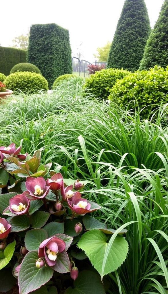 A lush, naturalistic garden scene showcasing a variety of four-season "anchor" plants. In the foreground, a cluster of robust, evergreen Helleborus (Lenten Rose) with large, leathery leaves and delicate, nodding flowers in shades of pink, white and purple. In the middle ground, a sweeping mass of Carex (Sedge) with finely textured, arching foliage in shades of green and bronze. In the background, the structural silhouettes of Buxus (Boxwood) hedges and Ilex (Holly) shrubs, providing year-round form and evergreen interest. Soft, diffused natural light filters through the scene, creating a tranquil, serene atmosphere.