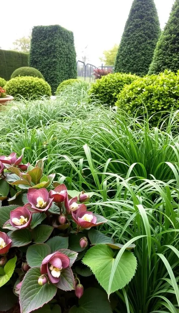 A lush, naturalistic garden scene showcasing a variety of four-season "anchor" plants. In the foreground, a cluster of robust, evergreen Helleborus (Lenten Rose) with large, leathery leaves and delicate, nodding flowers in shades of pink, white and purple. In the middle ground, a sweeping mass of Carex (Sedge) with finely textured, arching foliage in shades of green and bronze. In the background, the structural silhouettes of Buxus (Boxwood) hedges and Ilex (Holly) shrubs, providing year-round form and evergreen interest. Soft, diffused natural light filters through the scene, creating a tranquil, serene atmosphere. A lush, naturalistic garden scene showcasing a variety of four-season "anchor" plants. In the foreground, a cluster of robust, evergreen Helleborus (Lenten Rose) with large, leathery leaves and delicate, nodding flowers in shades of pink, white and purple. In the middle ground, a sweeping mass of Carex (Sedge) with finely textured, arching foliage in shades of green and bronze. In the background, the structural silhouettes of Buxus (Boxwood) hedges and Ilex (Holly) shrubs, providing year-round form and evergreen interest. Soft, diffused natural light filters through the scene, creating a tranquil, serene atmosphere.