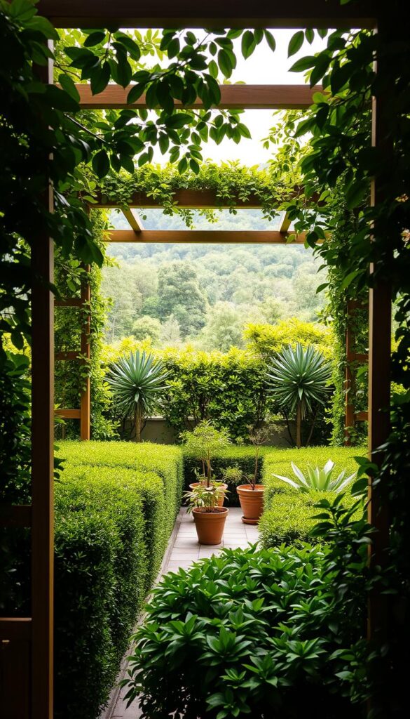 A lush, naturalistic garden scene with a striking central structure. In the foreground, an elegant, geometric wooden trellis or pergola dominates the frame, its clean lines contrasting with the flowing foliage of densely planted shrubs and small trees. The middle ground features a carefully curated palette of vibrant green leaves, from the soft, rounded shapes of hedges to the bold, architectural forms of potted plants and small trees. In the background, a glimpse of a verdant, out-of-focus landscape creates a sense of depth and enclosure. Soft, diffused natural light filters through the canopy, casting warm, dappled shadows across the scene. The overall mood is one of tranquility and intentional design, inviting the viewer to imagine themselves in this harmonious, plant-filled oasis. A lush, naturalistic garden scene with a striking central structure. In the foreground, an elegant, geometric wooden trellis or pergola dominates the frame, its clean lines contrasting with the flowing foliage of densely planted shrubs and small trees. The middle ground features a carefully curated palette of vibrant green leaves, from the soft, rounded shapes of hedges to the bold, architectural forms of potted plants and small trees. In the background, a glimpse of a verdant, out-of-focus landscape creates a sense of depth and enclosure. Soft, diffused natural light filters through the canopy, casting warm, dappled shadows across the scene. The overall mood is one of tranquility and intentional design, inviting the viewer to imagine themselves in this harmonious, plant-filled oasis.