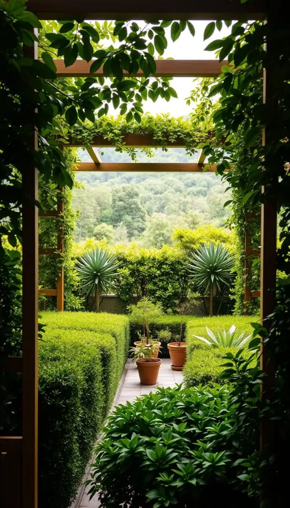 A lush, naturalistic garden scene with a striking central structure. In the foreground, an elegant, geometric wooden trellis or pergola dominates the frame, its clean lines contrasting with the flowing foliage of densely planted shrubs and small trees. The middle ground features a carefully curated palette of vibrant green leaves, from the soft, rounded shapes of hedges to the bold, architectural forms of potted plants and small trees. In the background, a glimpse of a verdant, out-of-focus landscape creates a sense of depth and enclosure. Soft, diffused natural light filters through the canopy, casting warm, dappled shadows across the scene. The overall mood is one of tranquility and intentional design, inviting the viewer to imagine themselves in this harmonious, plant-filled oasis. A lush, naturalistic garden scene with a striking central structure. In the foreground, an elegant, geometric wooden trellis or pergola dominates the frame, its clean lines contrasting with the flowing foliage of densely planted shrubs and small trees. The middle ground features a carefully curated palette of vibrant green leaves, from the soft, rounded shapes of hedges to the bold, architectural forms of potted plants and small trees. In the background, a glimpse of a verdant, out-of-focus landscape creates a sense of depth and enclosure. Soft, diffused natural light filters through the canopy, casting warm, dappled shadows across the scene. The overall mood is one of tranquility and intentional design, inviting the viewer to imagine themselves in this harmonious, plant-filled oasis.