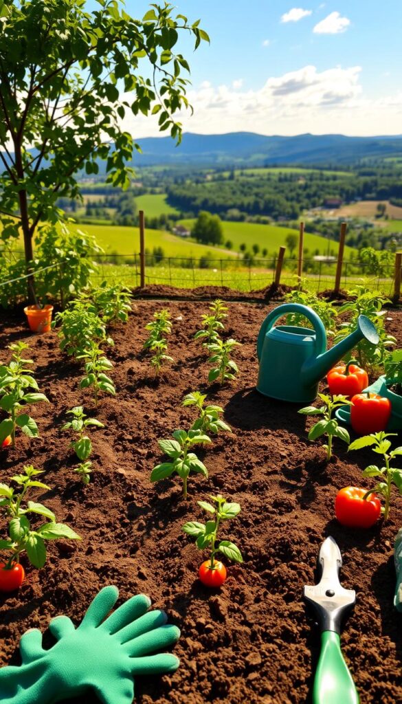 A lush, neatly organized vegetable garden, illuminated by warm, natural lighting. In the foreground, several small seedlings are carefully planted, representing easy-to-grow, tasty vegetables perfect for beginner gardeners - juicy tomatoes, crisp lettuce, and vibrant bell peppers. The middle ground showcases a variety of garden tools and materials, including a watering can, gardening gloves, and a small trowel. In the background, a picturesque countryside landscape unfolds, with rolling hills, a distant forest, and a clear, blue sky overhead, creating a serene and inviting atmosphere for this budding vegetable garden. A lush, neatly organized vegetable garden, illuminated by warm, natural lighting. In the foreground, several small seedlings are carefully planted, representing easy-to-grow, tasty vegetables perfect for beginner gardeners - juicy tomatoes, crisp lettuce, and vibrant bell peppers. The middle ground showcases a variety of garden tools and materials, including a watering can, gardening gloves, and a small trowel. In the background, a picturesque countryside landscape unfolds, with rolling hills, a distant forest, and a clear, blue sky overhead, creating a serene and inviting atmosphere for this budding vegetable garden.