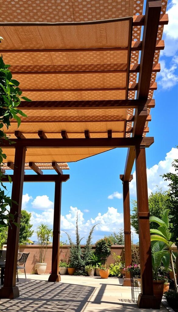 A lush, open-air pergola with a retractable canopy stands in the foreground, casting a warm, dappled light over a well-maintained patio. The structure is made of sturdy wooden beams and columns, with intricate latticework that casts intricate shadows on the ground below. In the middle ground, a variety of potted plants and lush greenery surround the pergola, adding to the tranquil, natural atmosphere. In the background, a clear blue sky with fluffy white clouds completes the scene, creating a peaceful and inviting outdoor oasis. A lush, open-air pergola with a retractable canopy stands in the foreground, casting a warm, dappled light over a well-maintained patio. The structure is made of sturdy wooden beams and columns, with intricate latticework that casts intricate shadows on the ground below. In the middle ground, a variety of potted plants and lush greenery surround the pergola, adding to the tranquil, natural atmosphere. In the background, a clear blue sky with fluffy white clouds completes the scene, creating a peaceful and inviting outdoor oasis.