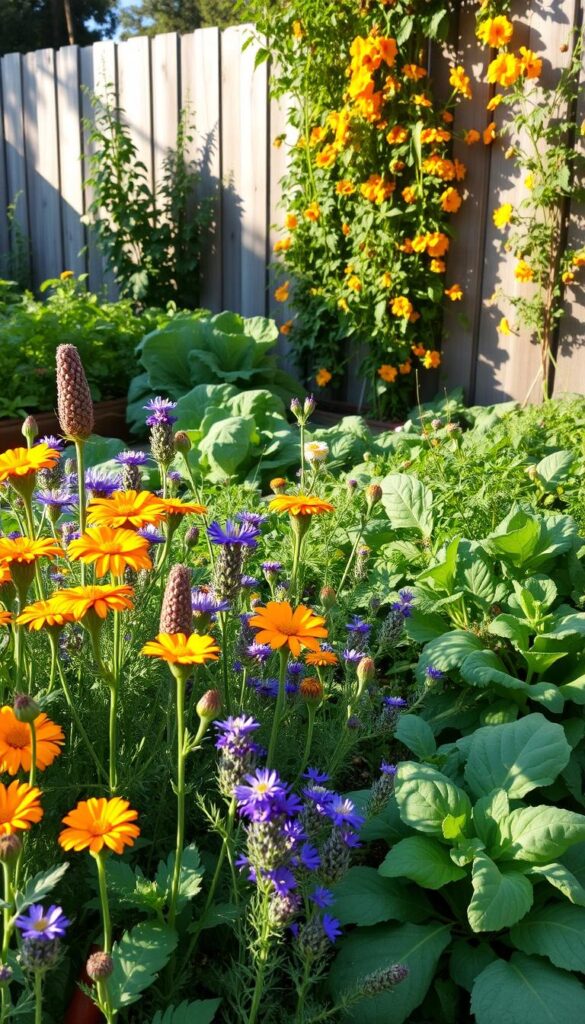 A lush, organic garden in dappled sunlight, with a vibrant array of companion flowers blooming alongside rows of healthy vegetables. In the foreground, a mix of marigolds, lavender, and borage create a natural pest repellent barrier, their petals catching the golden glow. The middle ground features a diverse selection of edible plants - tomatoes, kale, and carrots - thriving without the use of harsh chemicals. In the background, a wooden fence is adorned with climbing nasturtiums, their bright orange blossoms attracting a swarm of industrious bees. The overall scene exudes a sense of harmony and balance, showcasing the beauty and abundance of a pesticide-free, pollinator-friendly garden. A lush, organic garden in dappled sunlight, with a vibrant array of companion flowers blooming alongside rows of healthy vegetables. In the foreground, a mix of marigolds, lavender, and borage create a natural pest repellent barrier, their petals catching the golden glow. The middle ground features a diverse selection of edible plants - tomatoes, kale, and carrots - thriving without the use of harsh chemicals. In the background, a wooden fence is adorned with climbing nasturtiums, their bright orange blossoms attracting a swarm of industrious bees. The overall scene exudes a sense of harmony and balance, showcasing the beauty and abundance of a pesticide-free, pollinator-friendly garden.