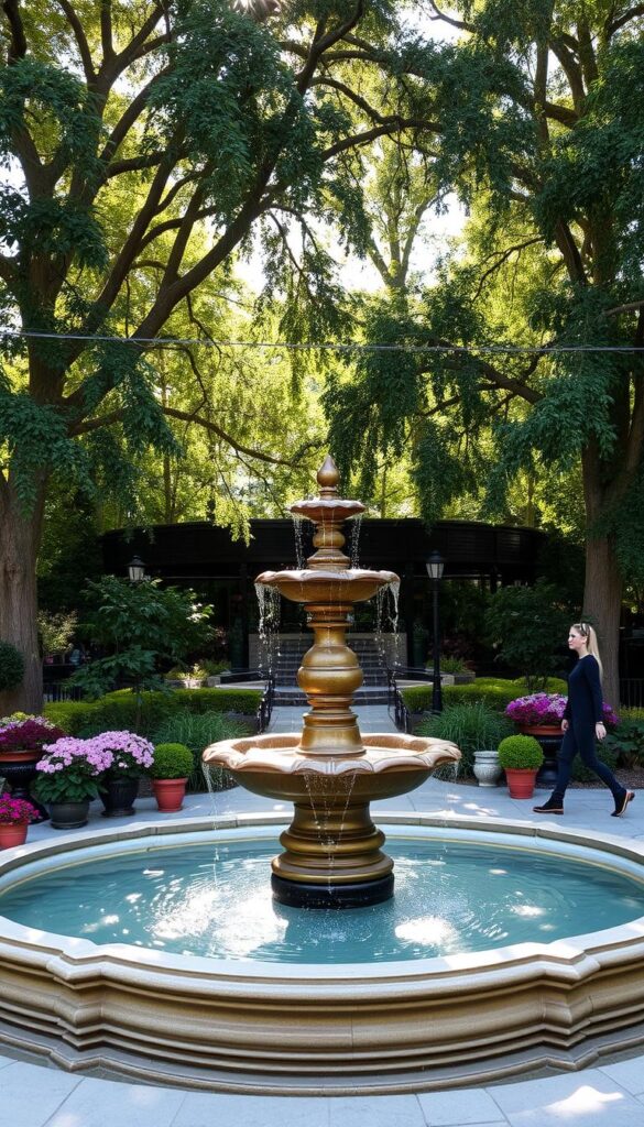A lush outdoor garden with a stunning water fountain as the centerpiece. The fountain, crafted from smooth stone and bronze, cascades water gracefully into a tranquil pool below. Surrounding the fountain, a well-curated collection of potted plants and blooming flowers add pops of color and texture. Dappled sunlight filters through the canopy of towering trees, casting a warm, natural glow over the entire scene. The overall atmosphere is one of peace, serenity, and confidence in the carefully designed outdoor space. A person strolls by, admiring the beautiful fountain and taking in the serene ambiance.