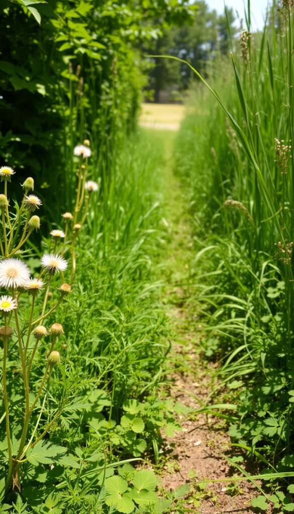 A lush, overgrown garden path, flanked by a tangle of verdant weeds and wildflowers. Sunlight filters through the canopy, casting dappled shadows across the unkempt foliage. Dandelions, thistles, and clover intermingle, their delicate petals and spiky leaves creating a harmonious chaos. In the foreground, a cluster of nettle plants sway gently, their serrated edges catching the light. The middle ground is a sea of vibrant green, with tall grasses and trailing vines obscuring the path ahead. The background fades into a soft, hazy blur, hinting at the expansive expanse beyond. This scene evokes a sense of untamed natural beauty, a reminder of the tenacity and resilience of the weeds that can so often overtake a well-manicured lawn. A lush, overgrown garden path, flanked by a tangle of verdant weeds and wildflowers. Sunlight filters through the canopy, casting dappled shadows across the unkempt foliage. Dandelions, thistles, and clover intermingle, their delicate petals and spiky leaves creating a harmonious chaos. In the foreground, a cluster of nettle plants sway gently, their serrated edges catching the light. The middle ground is a sea of vibrant green, with tall grasses and trailing vines obscuring the path ahead. The background fades into a soft, hazy blur, hinting at the expansive expanse beyond. This scene evokes a sense of untamed natural beauty, a reminder of the tenacity and resilience of the weeds that can so often overtake a well-manicured lawn.