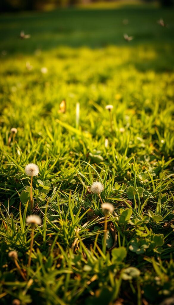 A lush, overgrown lawn infested with a variety of weeds, including dandelions, crabgrass, and clover. In the foreground, a close-up view of the tangled undergrowth, revealing the intricate textures and shades of green, yellow, and brown. In the middle ground, a scattering of small, winged pests hovering above the weeds, their bodies casting subtle shadows on the ground. The background blurred, creating a sense of depth and focus on the central issue. Warm, natural lighting filters through the scene, casting a slightly hazy, golden glow and accentuating the organic, earthy tones. The overall composition conveys a sense of neglect and the need for immediate attention to restore the lawn's health and appearance. A lush, overgrown lawn infested with a variety of weeds, including dandelions, crabgrass, and clover. In the foreground, a close-up view of the tangled undergrowth, revealing the intricate textures and shades of green, yellow, and brown. In the middle ground, a scattering of small, winged pests hovering above the weeds, their bodies casting subtle shadows on the ground. The background blurred, creating a sense of depth and focus on the central issue. Warm, natural lighting filters through the scene, casting a slightly hazy, golden glow and accentuating the organic, earthy tones. The overall composition conveys a sense of neglect and the need for immediate attention to restore the lawn's health and appearance.