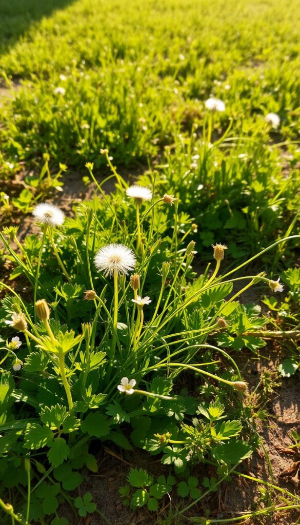 A lush, overgrown patch of weeds in a sun-dappled summer lawn. Verdant tufts of dandelions, clover, and plantain rise from the parched soil, their leaves casting intricate shadows across the uneven terrain. The warm, golden light filters through the foliage, creating a soft, hazy atmosphere. In the foreground, a tangle of long, slender stems and delicate flowers sway gently in a light breeze, while in the background, the blurred silhouettes of other weeds hint at the full extent of the invasion. The scene conveys a sense of neglect and the relentless, untamed growth of nature, challenging the manicured ideal of a pristine lawn. A lush, overgrown patch of weeds in a sun-dappled summer lawn. Verdant tufts of dandelions, clover, and plantain rise from the parched soil, their leaves casting intricate shadows across the uneven terrain. The warm, golden light filters through the foliage, creating a soft, hazy atmosphere. In the foreground, a tangle of long, slender stems and delicate flowers sway gently in a light breeze, while in the background, the blurred silhouettes of other weeds hint at the full extent of the invasion. The scene conveys a sense of neglect and the relentless, untamed growth of nature, challenging the manicured ideal of a pristine lawn.