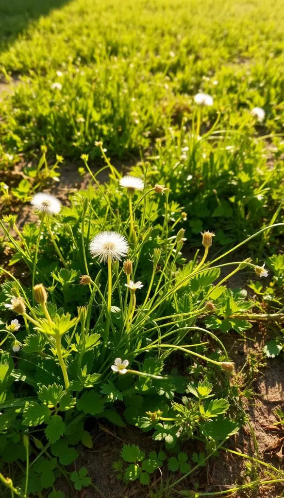 A lush, overgrown patch of weeds in a sun-dappled summer lawn. Verdant tufts of dandelions, clover, and plantain rise from the parched soil, their leaves casting intricate shadows across the uneven terrain. The warm, golden light filters through the foliage, creating a soft, hazy atmosphere. In the foreground, a tangle of long, slender stems and delicate flowers sway gently in a light breeze, while in the background, the blurred silhouettes of other weeds hint at the full extent of the invasion. The scene conveys a sense of neglect and the relentless, untamed growth of nature, challenging the manicured ideal of a pristine lawn. A lush, overgrown patch of weeds in a sun-dappled summer lawn. Verdant tufts of dandelions, clover, and plantain rise from the parched soil, their leaves casting intricate shadows across the uneven terrain. The warm, golden light filters through the foliage, creating a soft, hazy atmosphere. In the foreground, a tangle of long, slender stems and delicate flowers sway gently in a light breeze, while in the background, the blurred silhouettes of other weeds hint at the full extent of the invasion. The scene conveys a sense of neglect and the relentless, untamed growth of nature, challenging the manicured ideal of a pristine lawn.