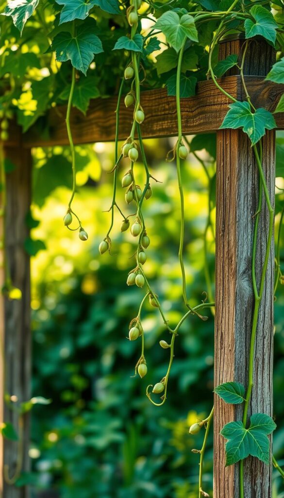 A lush pea trellis stands in the dappled sunlight, its vines twining upwards in graceful spirals. Delicate green pods peek out amidst the vibrant foliage, their soft hues complementing the weathered wooden frame. The scene is bathed in a warm, golden glow, creating a serene and inviting atmosphere. In the foreground, the pea vines appear to reach towards the sky, their tendrils capturing the essence of growth and the plant's innate drive to seek the sun. The middle ground features the sturdy trellis structure, its rustic charm adding depth and texture to the composition. The background gently fades into soft, blurred greenery, suggesting a peaceful, shaded garden setting. A lush pea trellis stands in the dappled sunlight, its vines twining upwards in graceful spirals. Delicate green pods peek out amidst the vibrant foliage, their soft hues complementing the weathered wooden frame. The scene is bathed in a warm, golden glow, creating a serene and inviting atmosphere. In the foreground, the pea vines appear to reach towards the sky, their tendrils capturing the essence of growth and the plant's innate drive to seek the sun. The middle ground features the sturdy trellis structure, its rustic charm adding depth and texture to the composition. The background gently fades into soft, blurred greenery, suggesting a peaceful, shaded garden setting.