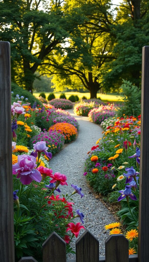 A lush perennial garden blossoming with vibrant hues, framed by a rustic wooden fence. In the foreground, clusters of vibrant flowers - peonies, irises, and daylilies - sway gently in a soft breeze. Beyond, a winding gravel path leads through a tapestry of colorful perennials, their leaves casting intricate shadows. In the background, a canopy of mature trees filters the golden afternoon light, creating a warm, natural ambiance. The scene is captured with a wide-angle lens, emphasizing the depth and abundance of this well-established, low-maintenance garden - a testament to years of careful tending and growth. A lush perennial garden blossoming with vibrant hues, framed by a rustic wooden fence. In the foreground, clusters of vibrant flowers - peonies, irises, and daylilies - sway gently in a soft breeze. Beyond, a winding gravel path leads through a tapestry of colorful perennials, their leaves casting intricate shadows. In the background, a canopy of mature trees filters the golden afternoon light, creating a warm, natural ambiance. The scene is captured with a wide-angle lens, emphasizing the depth and abundance of this well-established, low-maintenance garden - a testament to years of careful tending and growth.