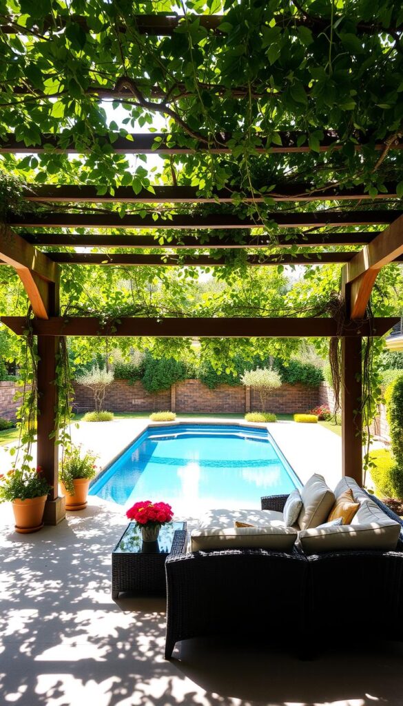 A lush poolside pergola, its sturdy wooden beams and vines casting a dappled shade over a tranquil swimming pool. Sunlight filters through the greenery, creating a warm, inviting ambiance. The pergola's elegant design features intricate lattice work, complemented by potted plants and trailing flowers that add pops of color. In the foreground, plush outdoor furniture, arranged for relaxation and conversation, invites guests to lounge and soak in the serene atmosphere. The background reveals a well-manicured yard, enhanced by the pergola's harmonious integration with the landscape. An idyllic scene of poolside shade and style, perfect for leisurely afternoons or alfresco entertaining.