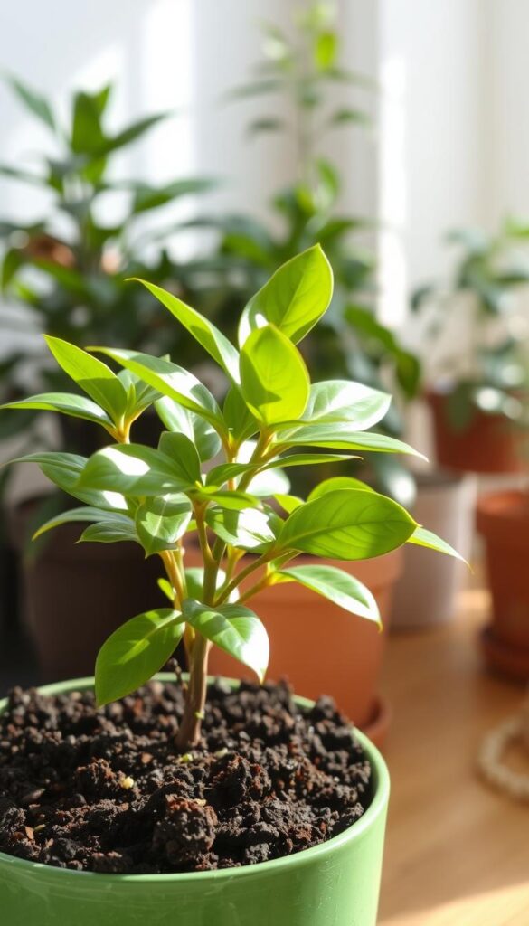 A lush, potted plant with glossy, vibrant green leaves stands in the foreground, its delicate foliage gently swaying under soft, natural lighting. The soil in the pot is rich and dark, with a slightly moist, earthy appearance, hinting at the perfect balance of hydration and drainage. In the background, a serene, blurred scene of a cozy, well-lit indoor space, with hints of other similar potted plants, creating a harmonious, soothing atmosphere that promotes a sense of tranquility and plant-based wellness. A lush, potted plant with glossy, vibrant green leaves stands in the foreground, its delicate foliage gently swaying under soft, natural lighting. The soil in the pot is rich and dark, with a slightly moist, earthy appearance, hinting at the perfect balance of hydration and drainage. In the background, a serene, blurred scene of a cozy, well-lit indoor space, with hints of other similar potted plants, creating a harmonious, soothing atmosphere that promotes a sense of tranquility and plant-based wellness.