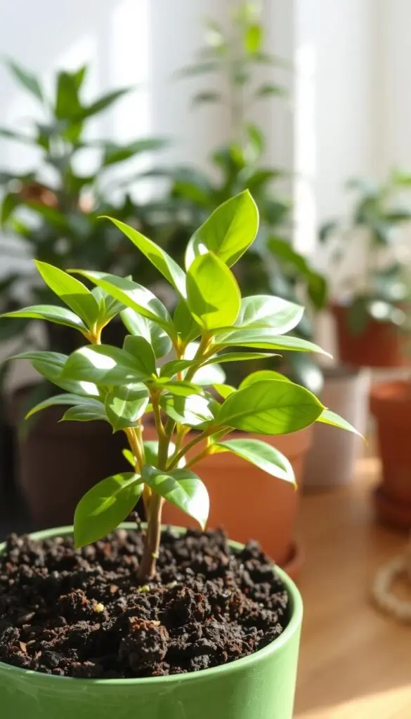 A lush, potted plant with glossy, vibrant green leaves stands in the foreground, its delicate foliage gently swaying under soft, natural lighting. The soil in the pot is rich and dark, with a slightly moist, earthy appearance, hinting at the perfect balance of hydration and drainage. In the background, a serene, blurred scene of a cozy, well-lit indoor space, with hints of other similar potted plants, creating a harmonious, soothing atmosphere that promotes a sense of tranquility and plant-based wellness. A lush, potted plant with glossy, vibrant green leaves stands in the foreground, its delicate foliage gently swaying under soft, natural lighting. The soil in the pot is rich and dark, with a slightly moist, earthy appearance, hinting at the perfect balance of hydration and drainage. In the background, a serene, blurred scene of a cozy, well-lit indoor space, with hints of other similar potted plants, creating a harmonious, soothing atmosphere that promotes a sense of tranquility and plant-based wellness.