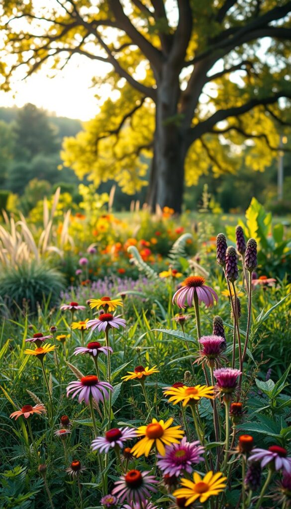 A lush, rewilded garden filled with a vibrant tapestry of native plants. In the foreground, colorful wildflowers like purple coneflowers, yellow black-eyed Susans, and pink milkweed sway gently in the breeze. The middle ground showcases a diverse array of native grasses, ferns, and low-growing shrubs, creating a naturalistic, layered landscape. In the background, a soft-focus backdrop of mature oak and maple trees provides a verdant, woodland-inspired setting. Warm, diffused sunlight filters through the leaves, casting a golden glow and creating a sense of tranquility. The overall scene conveys a sense of harmony between nature and the human-cultivated garden, inviting wildlife to thrive within this serene oasis. A lush, rewilded garden filled with a vibrant tapestry of native plants. In the foreground, colorful wildflowers like purple coneflowers, yellow black-eyed Susans, and pink milkweed sway gently in the breeze. The middle ground showcases a diverse array of native grasses, ferns, and low-growing shrubs, creating a naturalistic, layered landscape. In the background, a soft-focus backdrop of mature oak and maple trees provides a verdant, woodland-inspired setting. Warm, diffused sunlight filters through the leaves, casting a golden glow and creating a sense of tranquility. The overall scene conveys a sense of harmony between nature and the human-cultivated garden, inviting wildlife to thrive within this serene oasis.