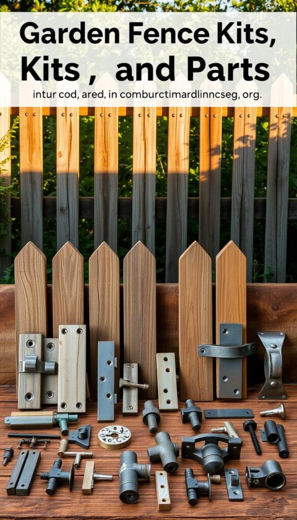 A lush, rustic garden fence backdrop, with weathered wooden posts and rails casting warm, natural shadows. In the foreground, an assortment of fence parts and accessories, such as hinges, latches, and connectors, arranged in an organized, yet visually appealing manner. The lighting is soft and diffused, highlighting the textures and patina of the materials. The overall composition conveys a sense of functionality and charm, perfectly suited for a "Garden Fence Kits, Posts, and Parts" section of an article on "Garden Fencing Ideas That Add Charm and Function."