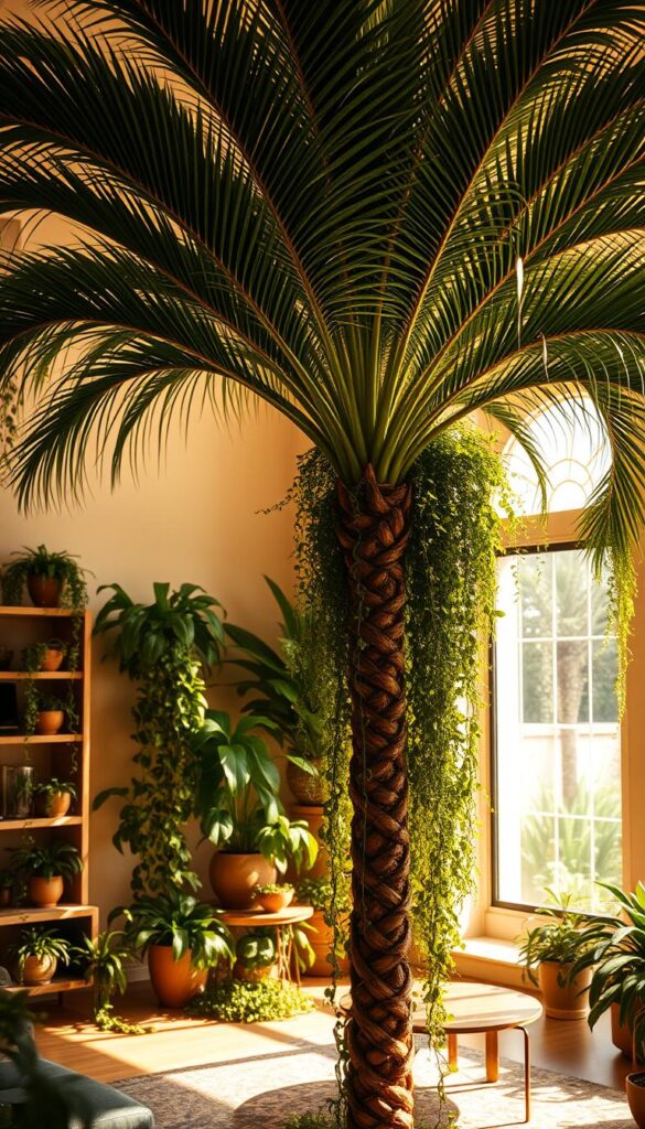 A lush, sculptural living room scene with a majestic palm tree in the foreground, its fronds gently swaying in a soft, diffused light. Cascading vines and trailing plants spill from shelves and tabletops, creating a verdant, jungle-like atmosphere. Warm, golden tones bathe the room, casting a cozy, inviting glow. The camera angle is slightly elevated, giving a panoramic view of the space and emphasizing the towering presence of the palm. Shadows and highlights interplay, adding depth and dimensionality to the scene. An oasis of low-maintenance greenery that thrives in limited sunlight, perfect for a living room sanctuary.