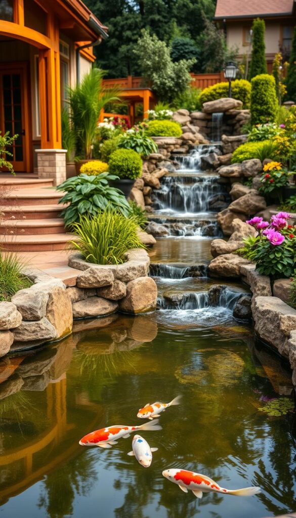 A lush, serene garden setting with a variety of water features that seamlessly complement the architectural styles of the home. In the foreground, a tranquil koi pond reflects the warm, natural tones of the surrounding stonework and wooden accents. In the middle ground, a cascading waterfall spills into a gently flowing stream, its soothing sounds adding to the calming ambiance. The background showcases a variety of well-manicured plants and flowers, creating a harmonious blend of nature and design. The lighting is soft and natural, casting a warm, inviting glow across the scene. The overall composition captures the essence of "Styles to Match Your Home and Garden," showcasing how water features can be integrated into a cohesive, aesthetically pleasing outdoor living space.
