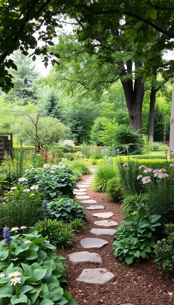 A lush, shaded garden scene in soft, muted tones. In the foreground, several varieties of shade-loving perennials and annuals are carefully planted, their delicate foliage and blooms softly illuminated by diffused natural light filtering through the canopy above. The middle ground features a tranquil path winding through the garden, lined with ornamental stones. In the background, a backdrop of tall, leafy trees creates a serene, sheltered atmosphere. The overall composition conveys a sense of peaceful coexistence between the plants and their shaded environment. The lighting is natural and slightly overcast, creating an evenly lit, shadowless scene. The camera angle is slightly elevated, allowing the viewer to take in the entire garden layout.