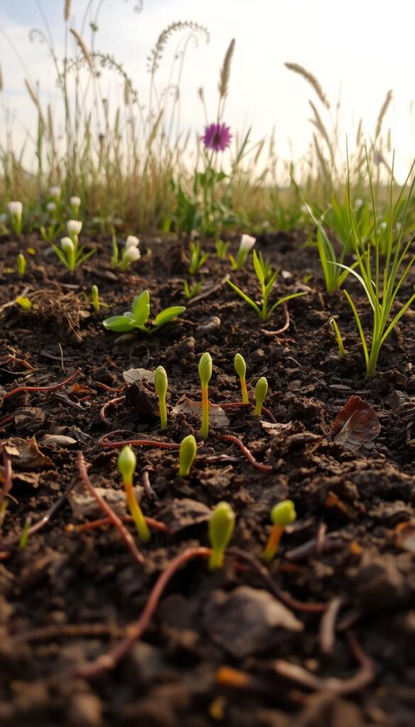 A lush, soil-covered foreground with visible earthworms, leaf litter, and budding plants emerging from the ground. The middle ground features a mix of hardy perennial flowers and grasses in soft, muted tones, hinting at the coming spring. In the background, a warm, golden-hued sky with wispy clouds casts a gentle, hopeful glow over the entire scene. The lighting is natural and soft, with a slight vignette effect to draw the eye inward. The composition is balanced, with a sense of depth and tranquility, inviting the viewer to contemplate the subtle signs of spring's arrival.