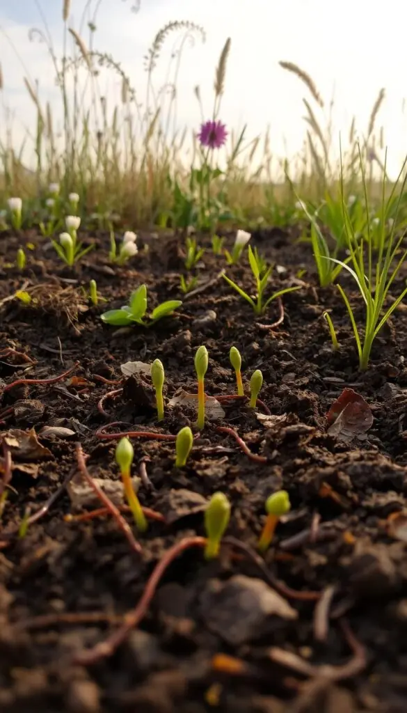 A lush, soil-covered foreground with visible earthworms, leaf litter, and budding plants emerging from the ground. The middle ground features a mix of hardy perennial flowers and grasses in soft, muted tones, hinting at the coming spring. In the background, a warm, golden-hued sky with wispy clouds casts a gentle, hopeful glow over the entire scene. The lighting is natural and soft, with a slight vignette effect to draw the eye inward. The composition is balanced, with a sense of depth and tranquility, inviting the viewer to contemplate the subtle signs of spring's arrival. A lush, soil-covered foreground with visible earthworms, leaf litter, and budding plants emerging from the ground. The middle ground features a mix of hardy perennial flowers and grasses in soft, muted tones, hinting at the coming spring. In the background, a warm, golden-hued sky with wispy clouds casts a gentle, hopeful glow over the entire scene. The lighting is natural and soft, with a slight vignette effect to draw the eye inward. The composition is balanced, with a sense of depth and tranquility, inviting the viewer to contemplate the subtle signs of spring's arrival.