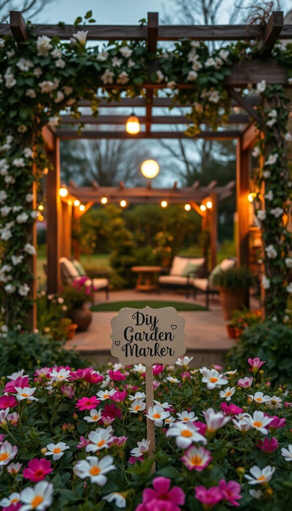 A lush spring garden bathed in the soft glow of moonlight, with a charming wooden arbor draped in cascading vines and delicate flowers. In the foreground, a whimsical DIY garden marker stands amidst a bed of vibrant blooms, their petals gently swaying in the cool evening breeze. Beyond, a cozy seating area invites guests to gather and celebrate the season, surrounded by the tranquil beauty of the verdant landscape. The scene is captured through the lens of a wide-angle camera, creating a sense of depth and immersion, while the warm, diffused lighting adds a romantic, dreamlike quality to the overall composition. A lush spring garden bathed in the soft glow of moonlight, with a charming wooden arbor draped in cascading vines and delicate flowers. In the foreground, a whimsical DIY garden marker stands amidst a bed of vibrant blooms, their petals gently swaying in the cool evening breeze. Beyond, a cozy seating area invites guests to gather and celebrate the season, surrounded by the tranquil beauty of the verdant landscape. The scene is captured through the lens of a wide-angle camera, creating a sense of depth and immersion, while the warm, diffused lighting adds a romantic, dreamlike quality to the overall composition.